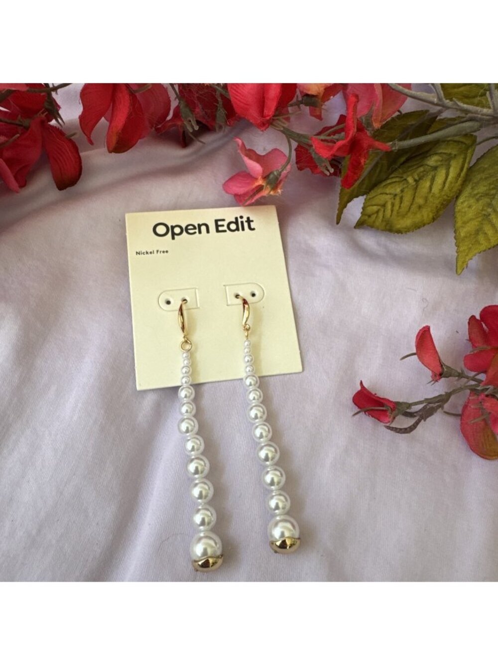 OPEN EDIT EARRINGS Dangle NICKEL FREE 3.25" Long Pearl Gold Tone NEW $30